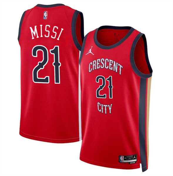 Mens New Orleans Pelicans #21 Yves Missi Red 2024 Draft Statement Edition Stitched Basketball Jersey Dzhi